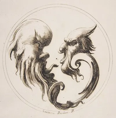 Two Grotesque Heads Facing One Another within a Circle by Gaetano Piccini, 1727 — digital art print download