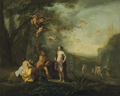 Bacchus, Venus and Ceres under a grapevine in a pastoral landscape with putti, nymphs and satyrs by Корнелис Ван…