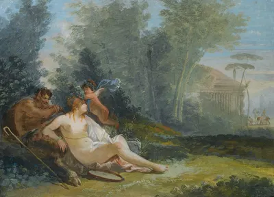 Venus And Cupid With A Satyr In A Classical Landscape by Джузеппе Бернардино Бизон — digital art print download