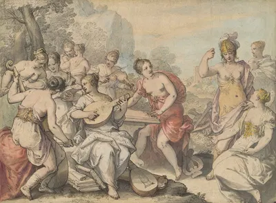 Minerva and the Muses by Hans Rottenhammer, c. 1610 — digital art print download