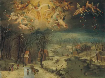 A winter landscape with villagers gathering wood and skaters on a frozen river, putti scattering flowers above by Ян…