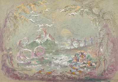 Lake Scene with Fairies and Swans by Robert Caney — digital art print download