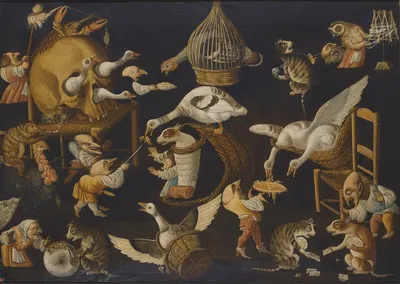 A Grotesque Scene With Animals Playing And A Dog Wrapped In Swaddling Clothes by The Master of the Fertility of the Egg —…