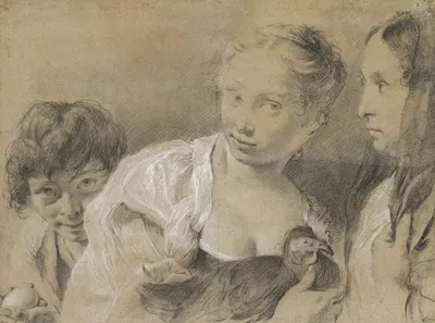 Boy with an Egg, Girl with a Hen, and a Watching Woman by Джованни Баттиста Пьацетта, 1682–1754 — digital art print download