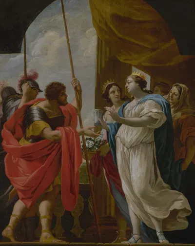 Hélène offrant à Ménélas la potion de la reine Polydamne by Последователь Симона Вуэ, 1650 — digital art print download