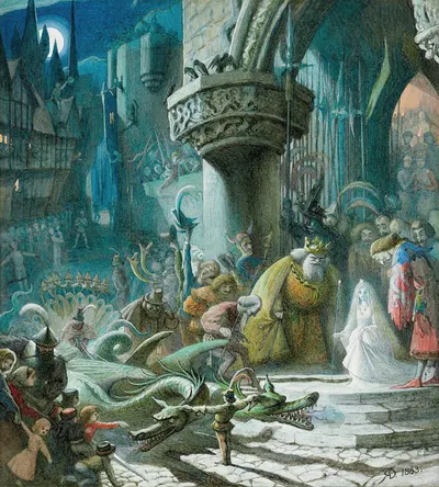 Scene from 'The Sleeping Beauty'; the Good Fairy leaving the christening of the Princess, walking to her dragon-pulled…