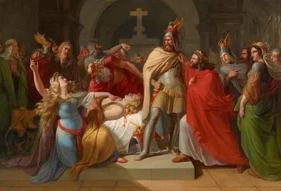 Kriemhild an der Leiche Siegfrieds erklärt Hagen als dessen Mörder und schwört Rache by Carl Rahl, 1835 — digital art print…