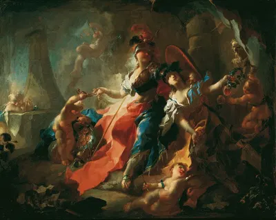 Die Akademie mit ihren Attributen zu Füßen Minervas by Франц Антон Маульберц, 1750 — digital art print download