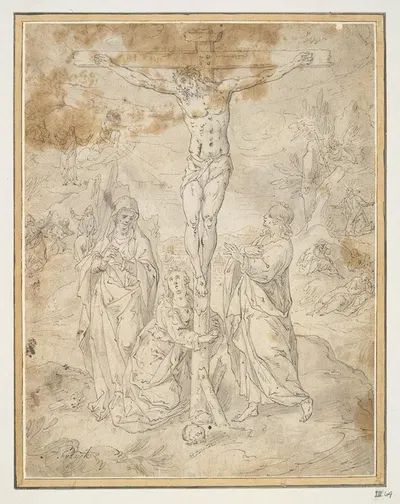 Christ on the Cross between the Virgin and St. John with Scenes of the Passion in the Background by Hendrik de Clerck —…