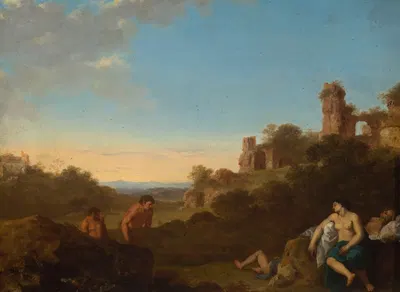 Satyrs and sleeping nymphs against Italian landscape by Корнелис Ван Поеленбурх, 1620-1630 — digital art print download