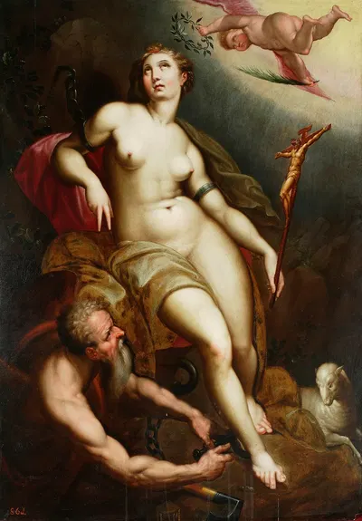 Allegory of Christian patience with Chronos breaking the chains by Jacob De Backer — digital art print download