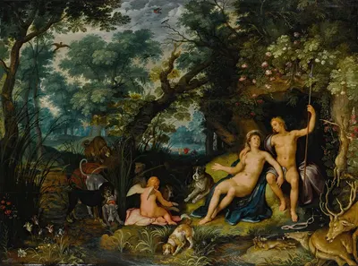 Venus and Adonis resting in an extensive landscape, with Cupid and hunting dogs and their quarries by Корнелис Корнелисз…