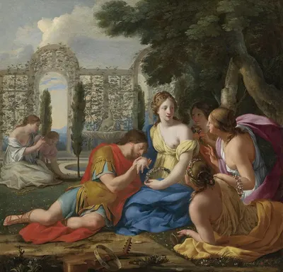 Polyphilus And Polia Accompanied By Nymphs On Island Of Cythera by Eustache Le Sueur — digital art print download