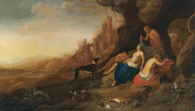 Diana And Her Nymphs Resting After A Hunt With Two Satyrs Spying On Them by Бартоломейс Бринберг — digital art print download