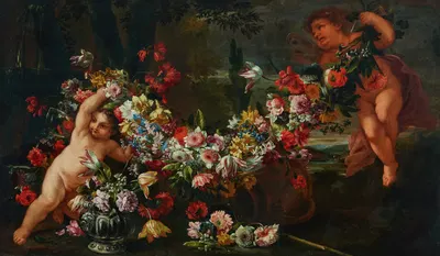Garlands of flowers with putti in a landscape by Абрахам Брейгель — digital art print download