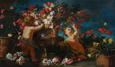 Vases of flowers with putti in a landscape by Абрахам Брейгель — digital art print download