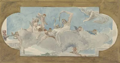 Plafondschildering met figuren gezeten op wolken by Виллем Корнелис Бауэр, 1872 - 1904 — digital art print download