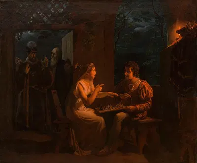 Miranda fait une partie d'échec avec Ferdinand qu'elle accuse, en plaisantant, de tricher by Жилло Сент-Эвр, 1822 — digital…