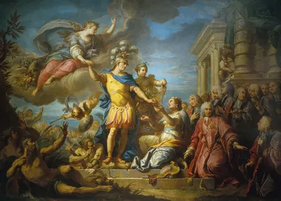 Allégorie en l'honneur de la publication de la paix d'Aix-la-Chapelle, le 13 février 1749 by Jacques Dumont, 1761 — digital…