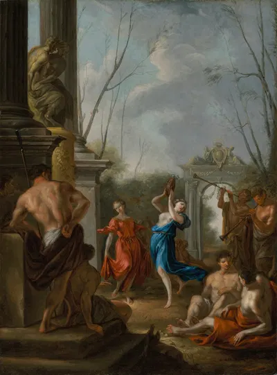 A Bacchanale in a classical courtyard by Johann Heinrich Schönfeld — digital art print download