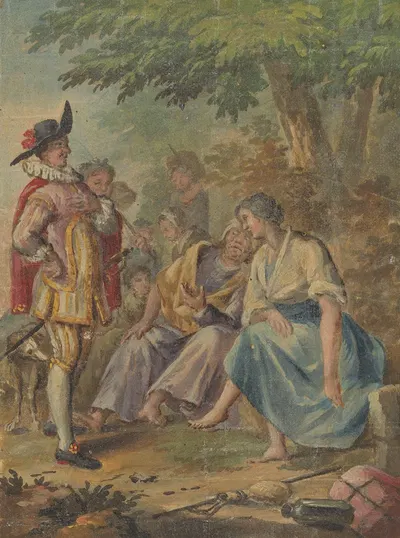 Ontwerp voor een behangselschildering of schilderij met het Spaanse Heidin Preciosa en Don Juan by Rienk Keyert, 1719 -…