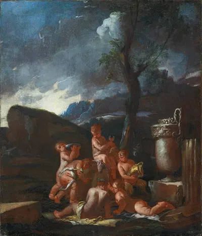 Bacchanal with putti by Джулио Карпьони — digital art print download