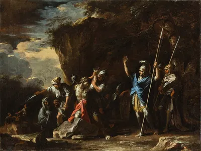 Scene from Greek history; The deaf-mute son of King Croesus prevents the Persians from killing his father by Сальватор Роза…