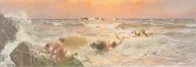 Mermaids frolicking in the sea at sunset by Бенеш Кнюпфер — digital art print download