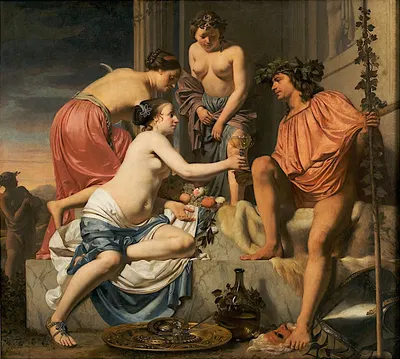 Bacchus on a Throne − Nymphs Offering Bacchus Wine and Fruit by Цезарь Ван Эвердинген, 1658 — digital art print download