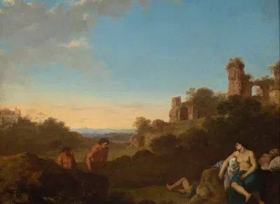 Satyrs and sleeping nymphs against Italian landscape by Корнелис Ван Поеленбурх, 1620-1630 — digital art print download