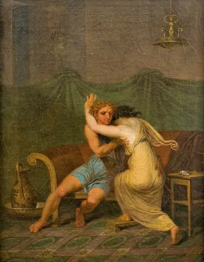 Catullus and Lesbia, who in his arms seeking solace for her spurvs death by Nicolai Abildgaard, 1809 — digital art print…