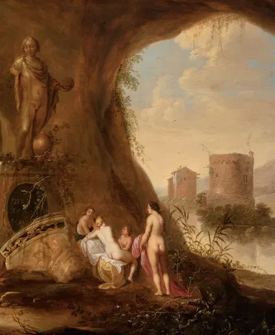 Nymphs in a grotto by a ruined statue by Авраам ван Кюленборх — digital art print download
