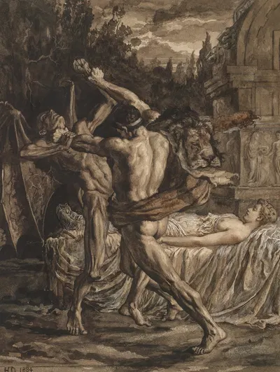 Hercules wrestling with Death for the soul of Alcestis by Herbert Thomas Dicksee, 1884 — digital art print download