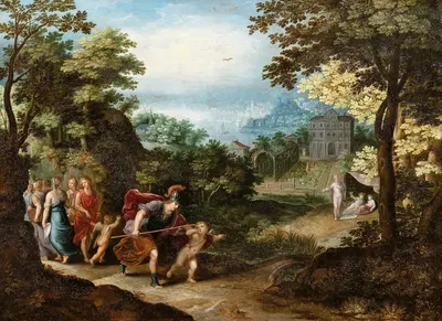 Apollo and Minerva leaving the Muses for Venus, Ceres and Bacchus by Адриен ван Сталбемт, 1606 — digital art print download