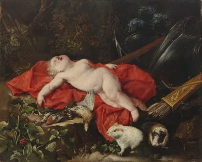 Cupid sleeping beside hunting paraphernalia with two guinea pigs in the foreground by Bartolomeo Guidobono — digital art…