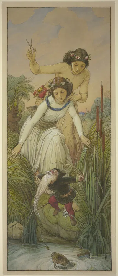 Schneeweißchen und Rosenrot finden den Zwerg, dessen Bart sich in der Angelschnur verheddert hat by Эдуард фон Штайнле,…