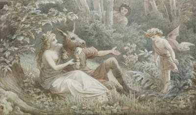 Die Elfenkönigin Titania bekränzt den neben ihr sitzenden, eselköpfigen Nick Bottom by Леопольд Боде — digital art print…