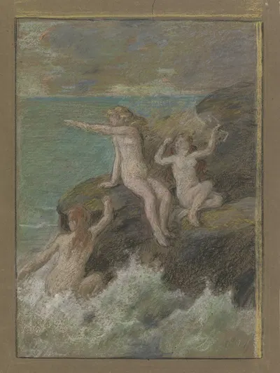 Drei nackte Frauen auf einem Felsen by Otto Scholderer — digital art print download