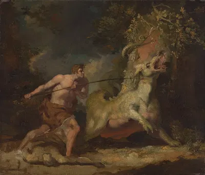 Man attacking a monster by Джон Гамильтон Мортимер — digital art print download