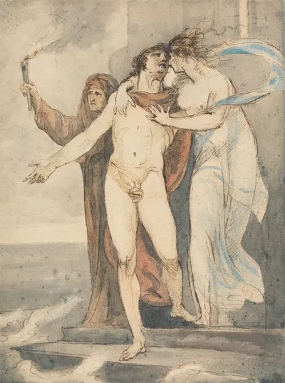 Leander Taking Leave of Hero Before Swimming Back Across the Hellespont by William Hamilton — digital art print download