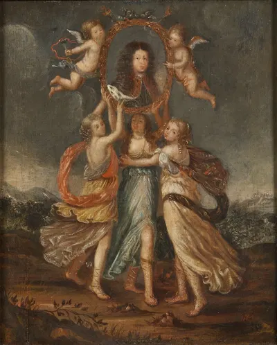 Three Allegorical Figures Bearing the Portrait of Karl XI of Sweden by David Klöcker Ehrenstrahl — digital art print download
