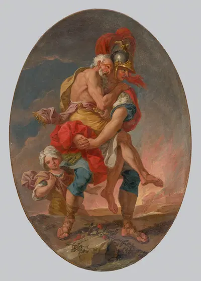 Aeneas Rescues Anchises from Burning Troy by Иоганн Генрих Шёнфельд, 1730 — digital art print download
