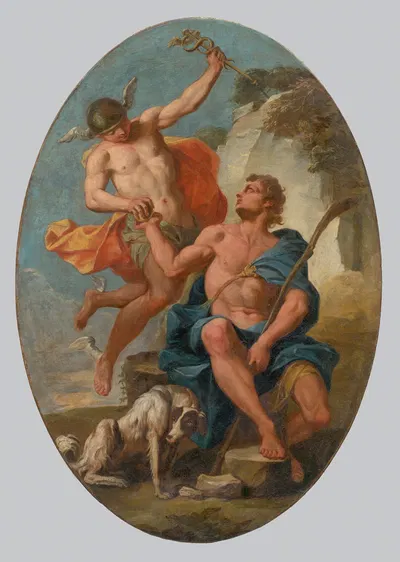 Mercury and Paris by Иоганн Генрих Шёнфельд, 1730 — digital art print download