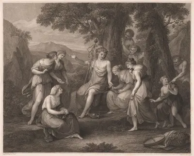 Bacchus amidst Solitary Rocks teaching the Nymphs to make Verses by Анжелика Кауфман, 1801 — digital art print download
