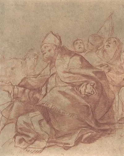 Seated Bishop with Arms Extended and Three Attendant Figures by Маттиа Прети — digital art print download