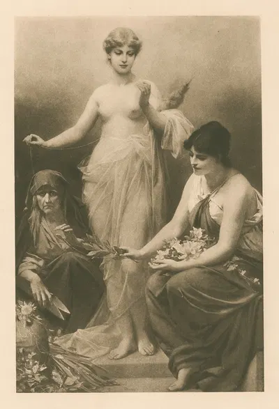 The Three Fates with flowers, thread and shears by Поль Туманн, 1901 — digital art print download