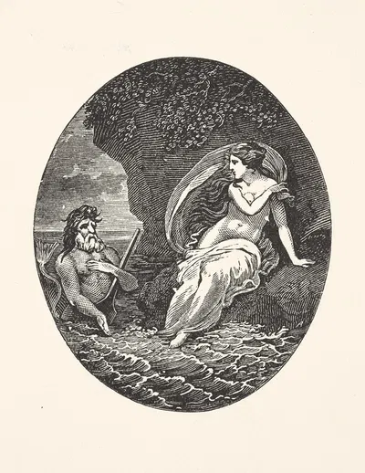Merman near woman seated on a rock by Александр Андерсон — digital art print download