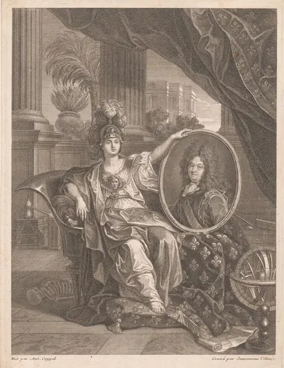 Portrait of Louis XIV held up by Minerva by Шарль-Луи Симонно — digital art print download