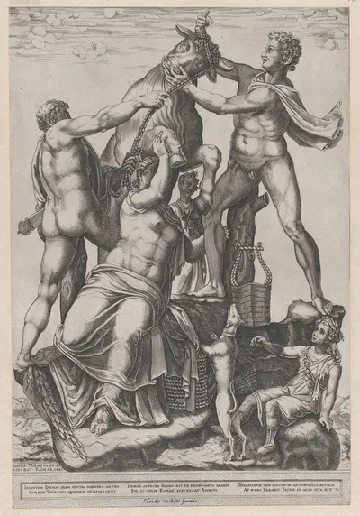 Speculum Romanae Magnificentiae- Amphion and Zethus Tying Dirce to a Wild Bull -The Farnese Bull by Диана Скультори, 1581 —…