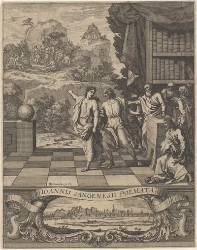 Allegorical female figure points young man to Mount Parnassus by Франсуа Шово, 1654 — digital art print download